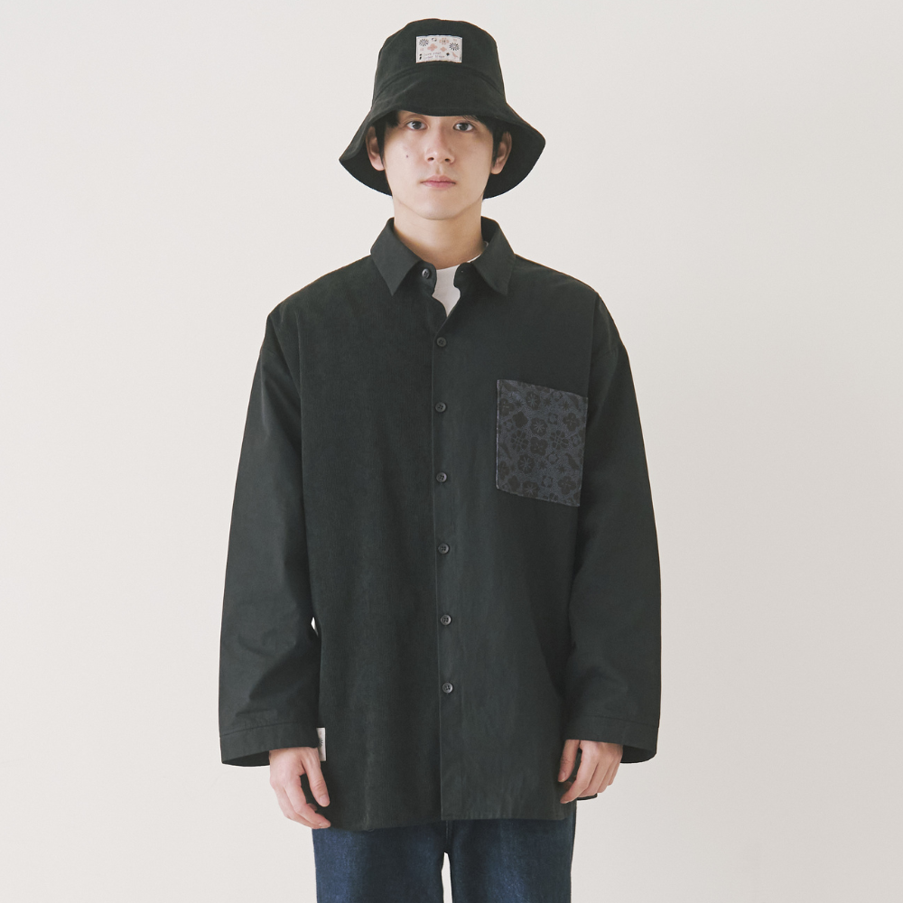 印花樂長袖拼接襯衫/"I"系列/深邃黑