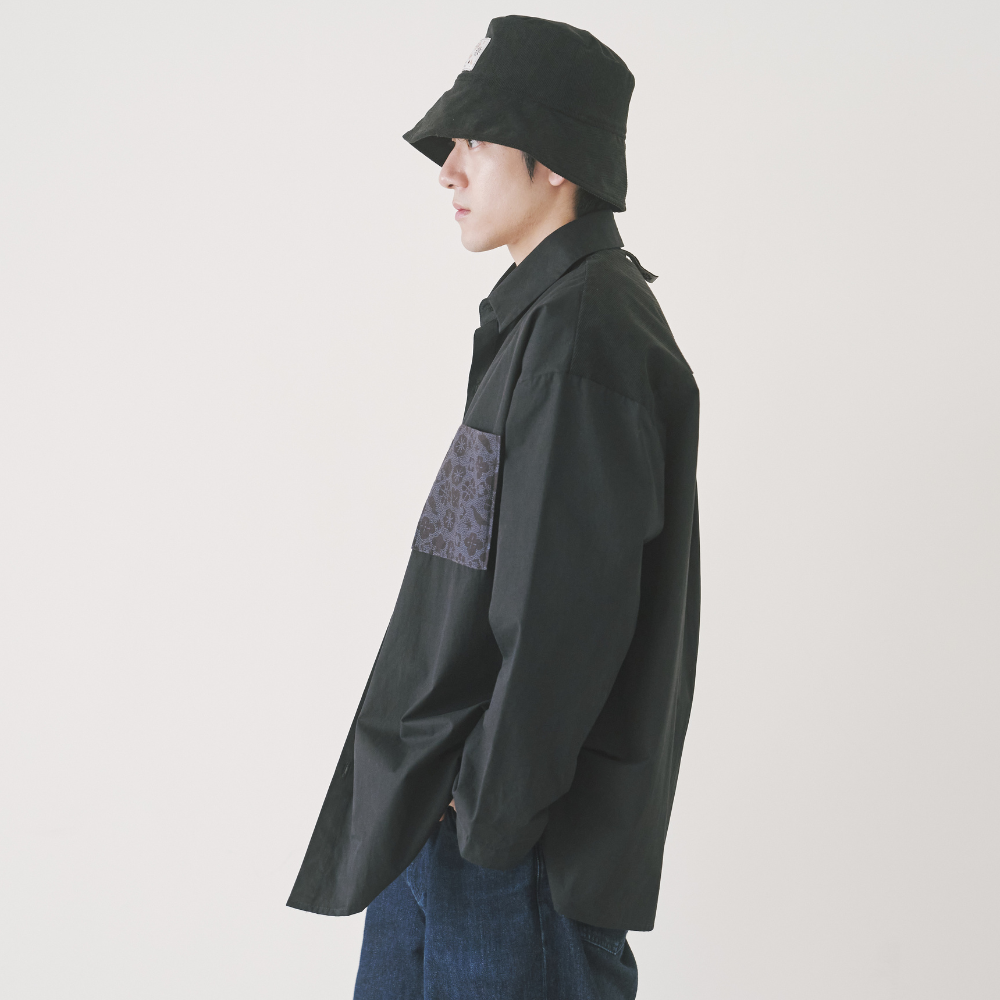 印花樂長袖拼接襯衫/"I"系列/深邃黑