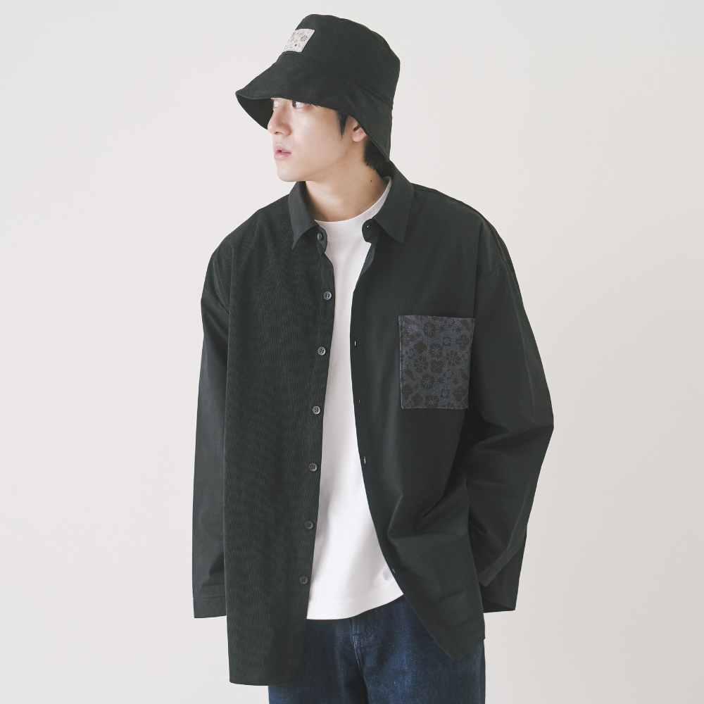 印花樂長袖拼接襯衫/"I"系列/深邃黑