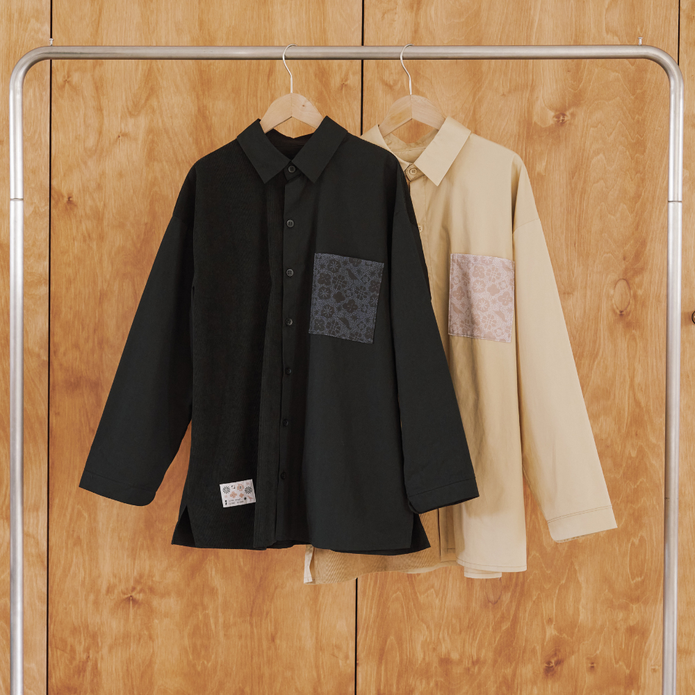 印花樂長袖拼接襯衫/"I"系列/深邃黑