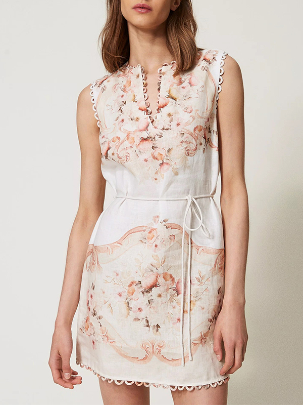 TWIN-SET 印花亞麻短洋裝