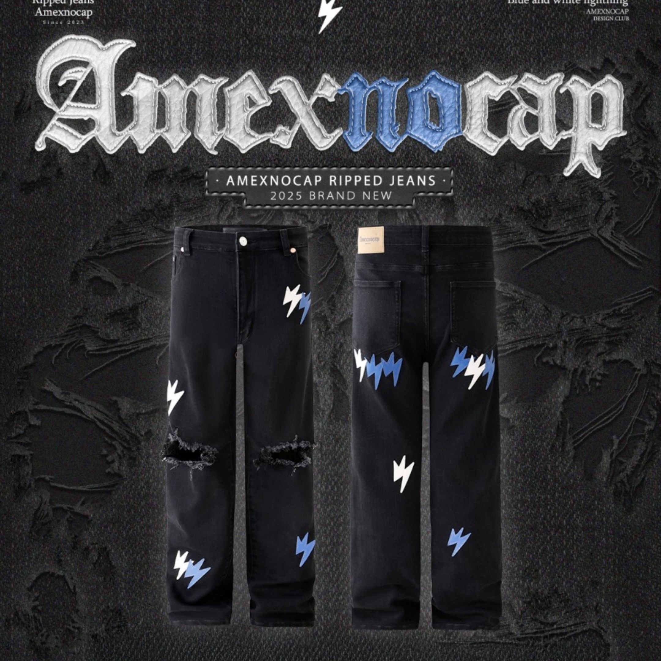 NICEDAY 代購 Amexnocap 拉鏈 破褲 破洞 藍白 漸層 閃電 牛仔褲 貼布 高盎司 水洗 A16