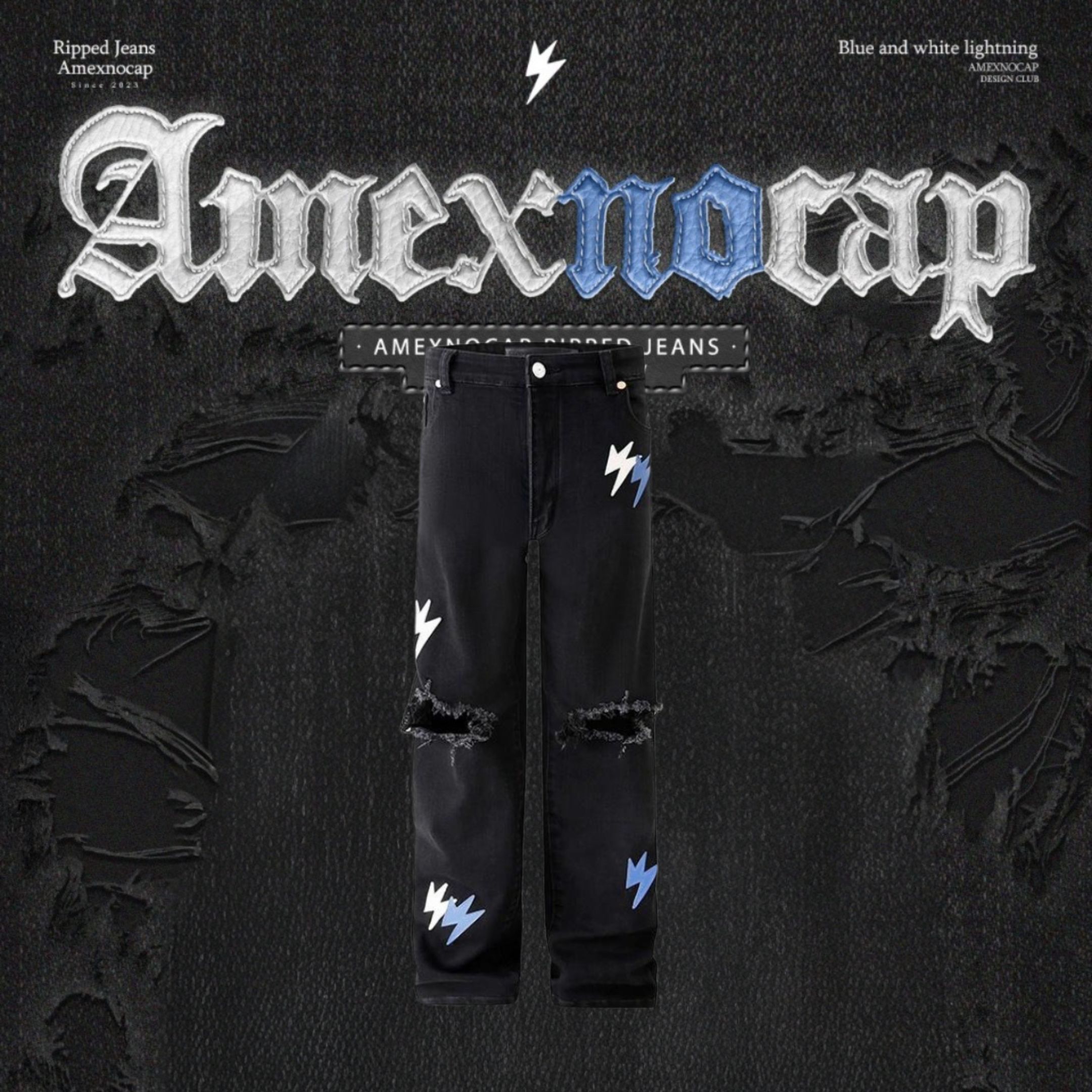 NICEDAY 代購 Amexnocap 拉鏈 破褲 破洞 藍白 漸層 閃電 牛仔褲 貼布 高盎司 水洗 A16