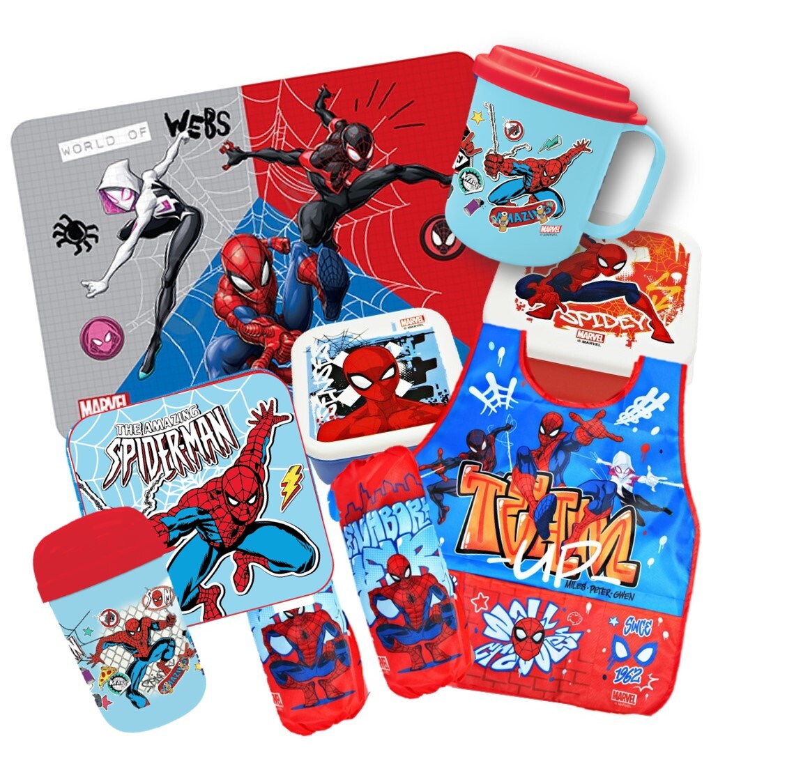 迪士尼蜘蛛俠-兒童餐具開學組合 (食物盒 |圍裙 |水杯| 餐墊|毛巾)