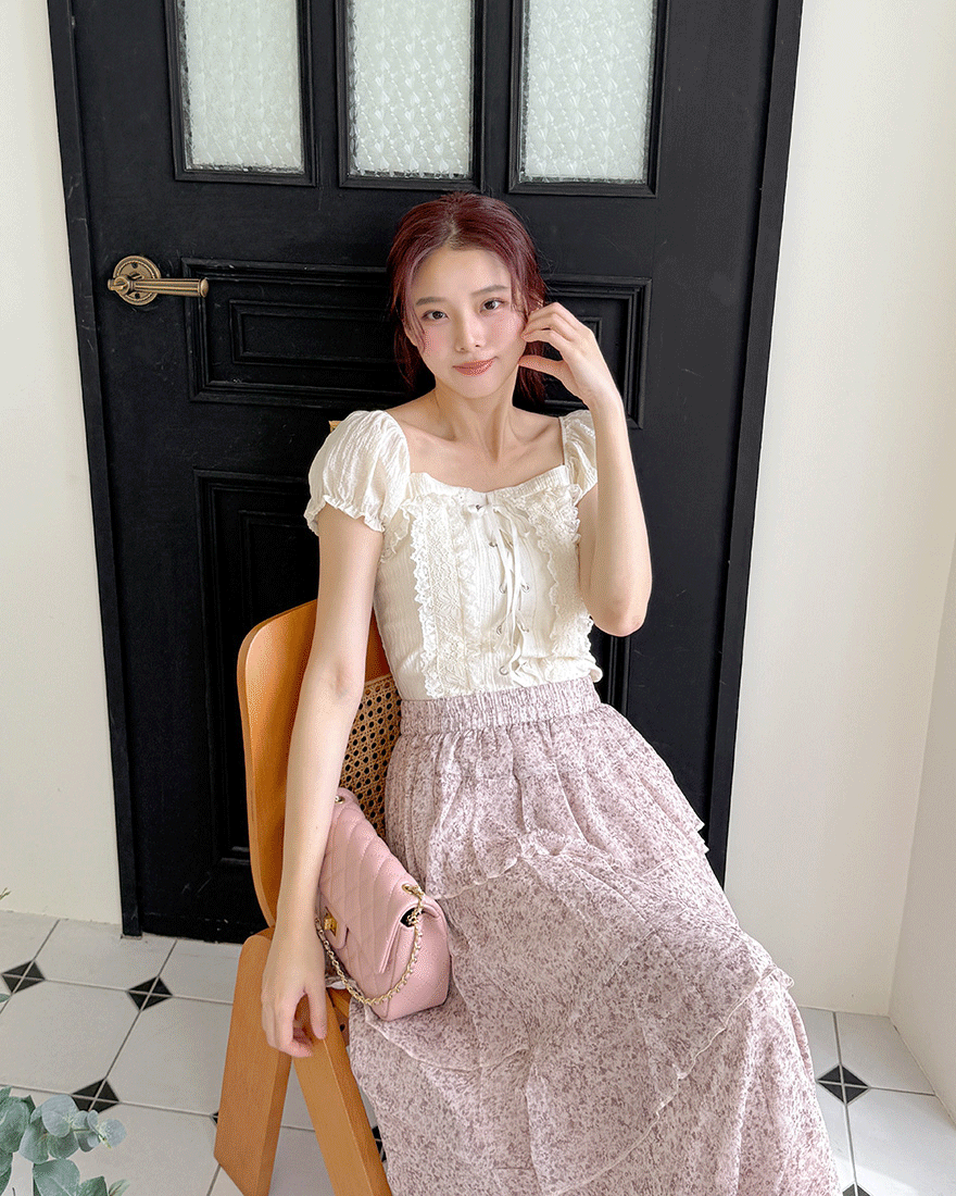 LINA LINA別緻甜心蕾絲馬甲緞帶綁結上衣-奶油杏