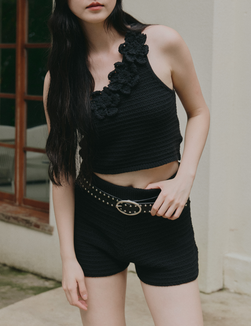 小花造型單肩編織上衣（2尺寸）