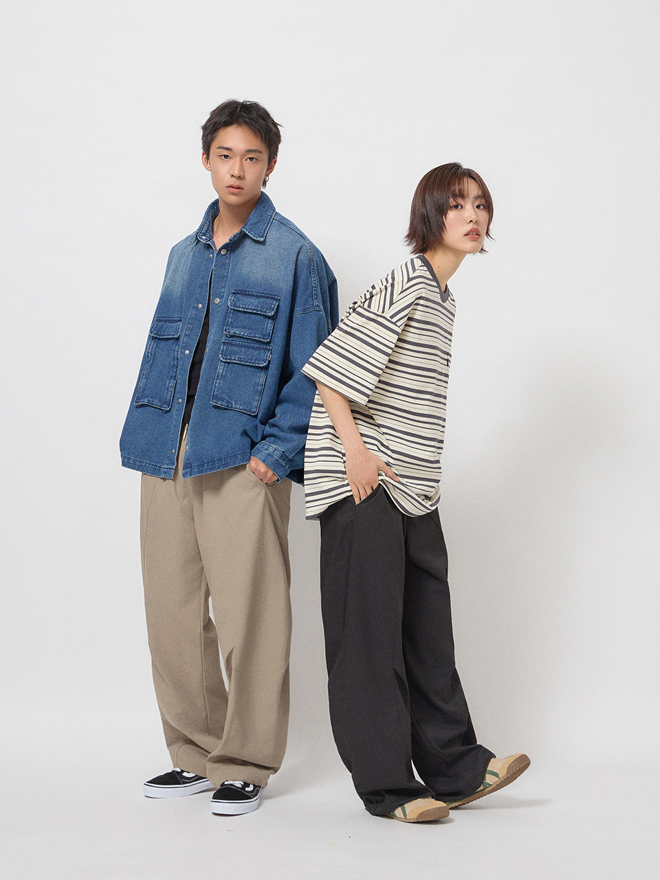 彎刀打摺鬆緊長褲