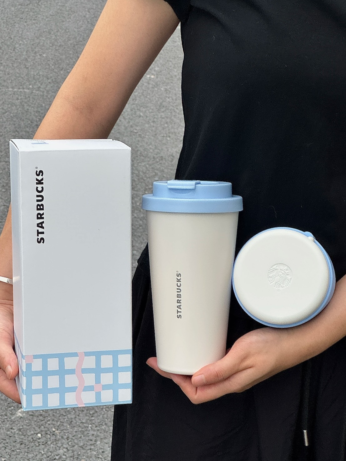 星巴克 杯子 2025校園北歐簡約系列 水杯 帶硅膠冰格 白藍