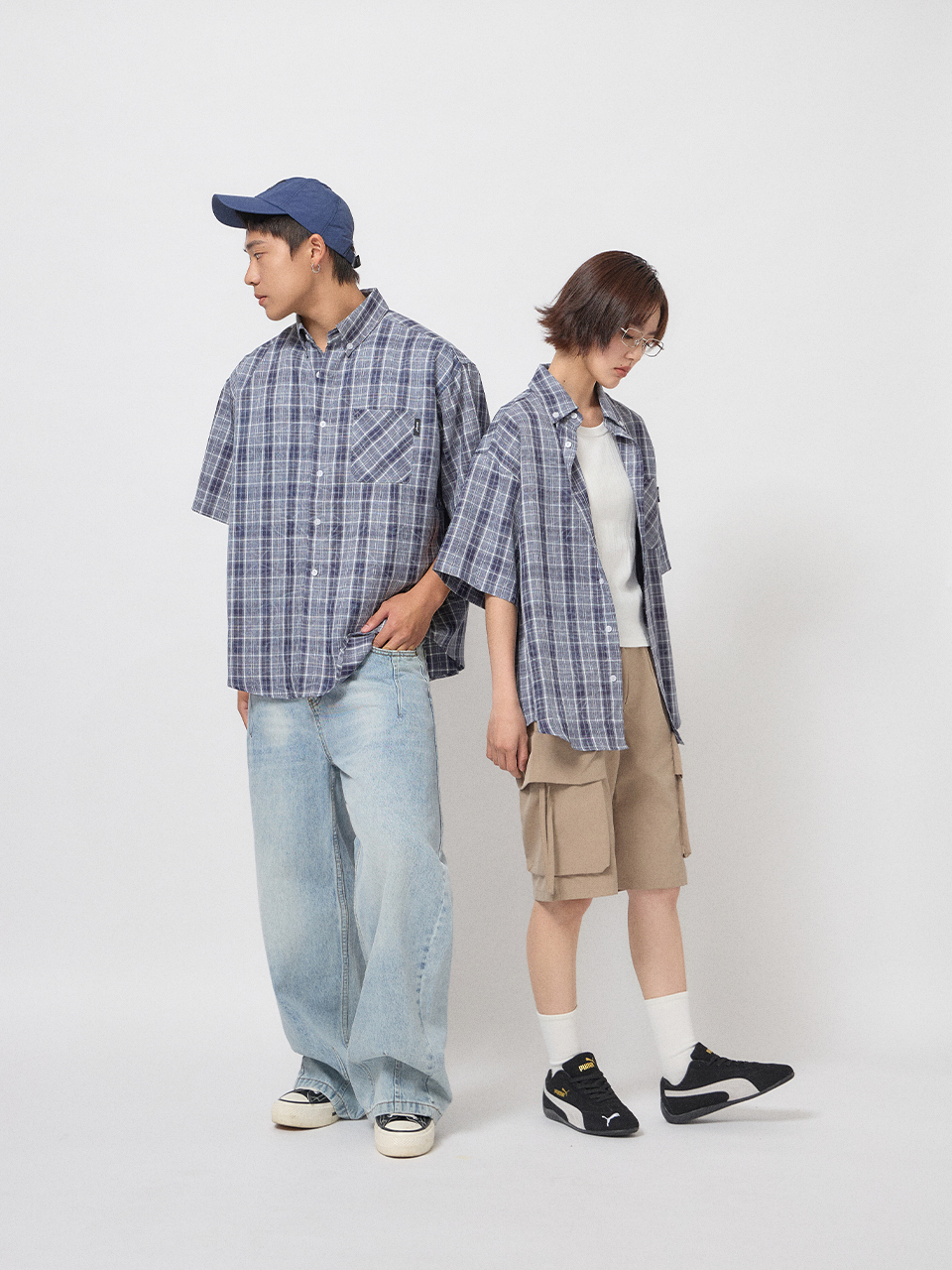 輕復古格紋短袖襯衫