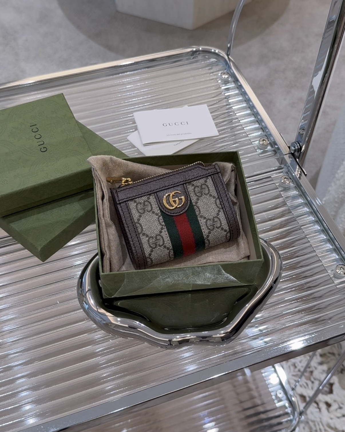 GUCCI｜OPHIDIA 拼皮革拉鍊零錢包 棕色老花