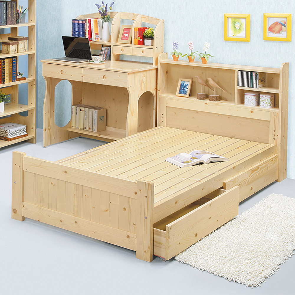 松木實木抽屜型單人床組(書架型收納床頭 3.5尺單人床)