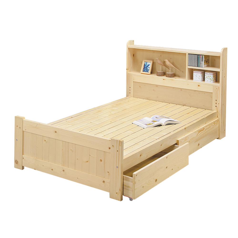 松木實木抽屜型單人床組(書架型收納床頭 3.5尺單人床)