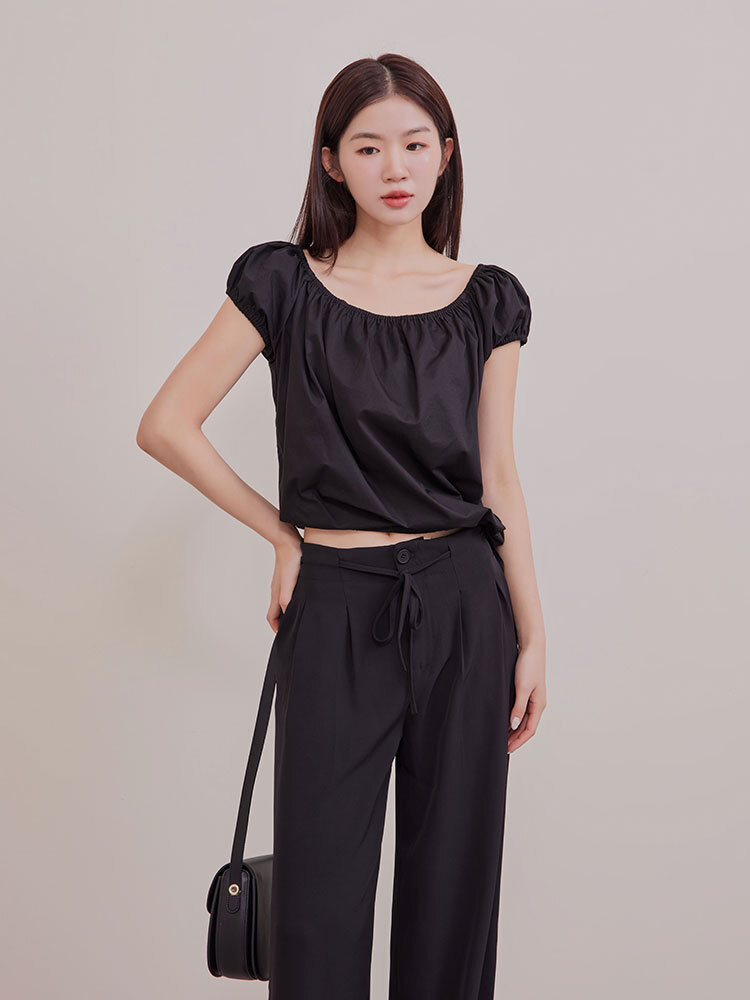 OH!HER 氣質泡泡袖一字肩抽繩上衣