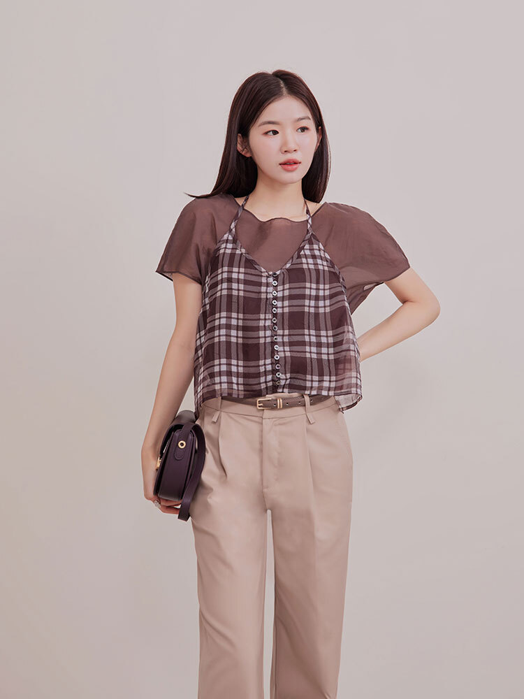 疊搭格子綁帶小衫上衣二件組