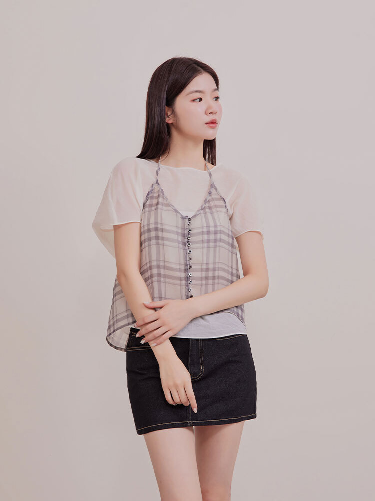 疊搭格子綁帶小衫上衣二件組