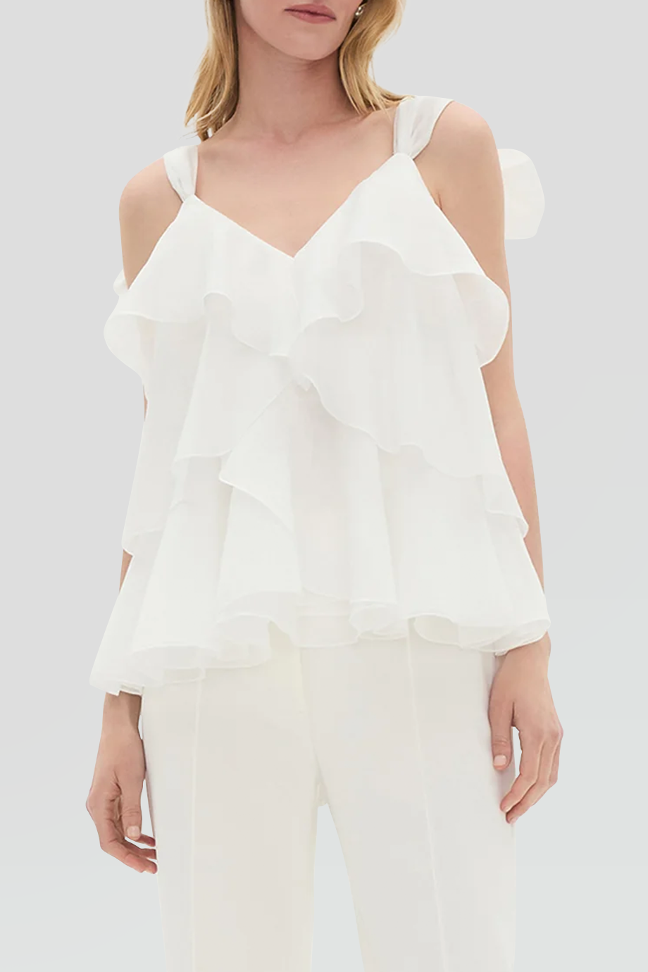 Aje｜ERIN V領繫帶不對稱層次上衣