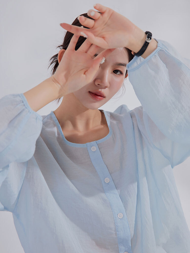 圓領開釦收袖上衣