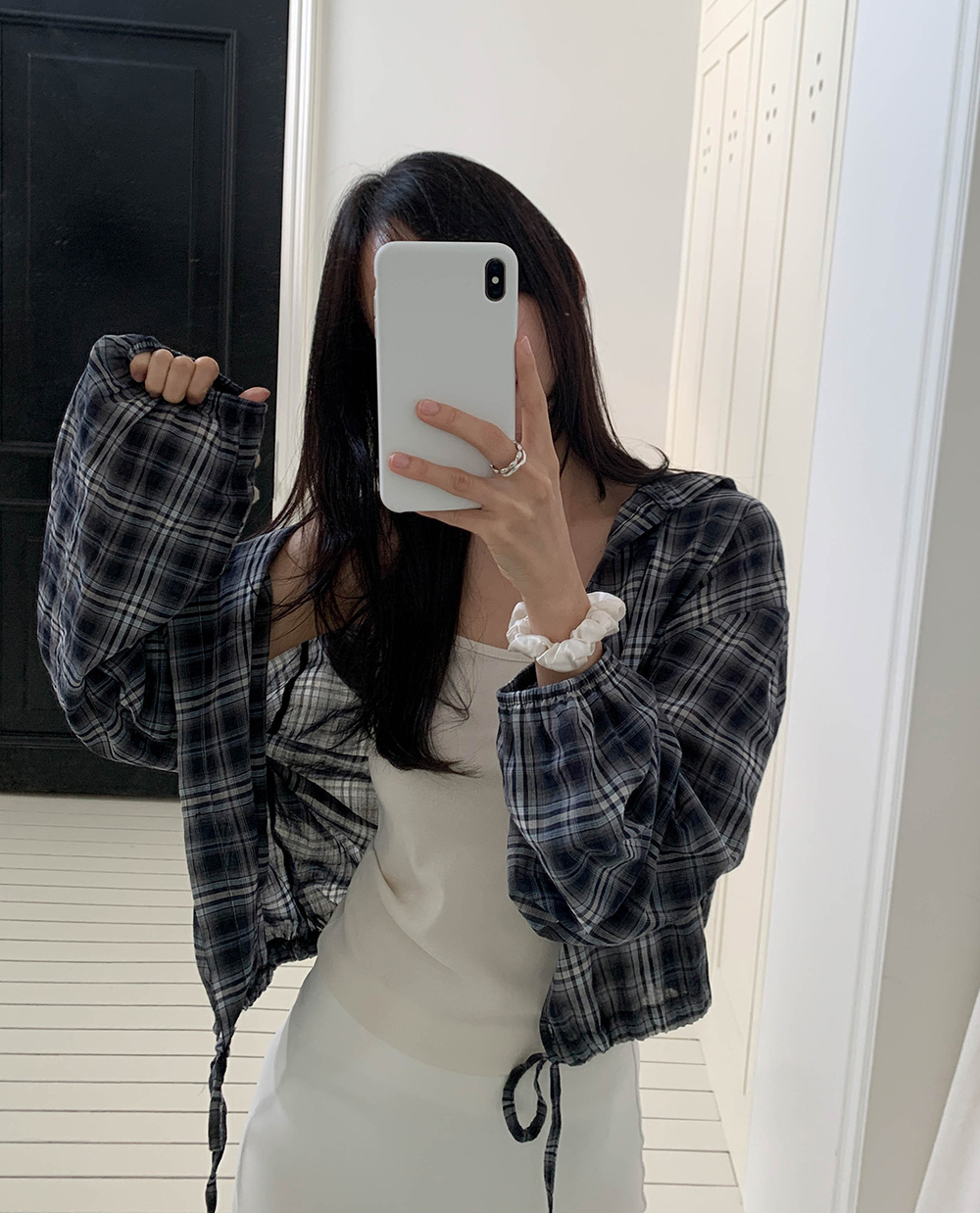 韓國Cherrykoko授權 夏季防曬下擺綁帶格紋連帽衫