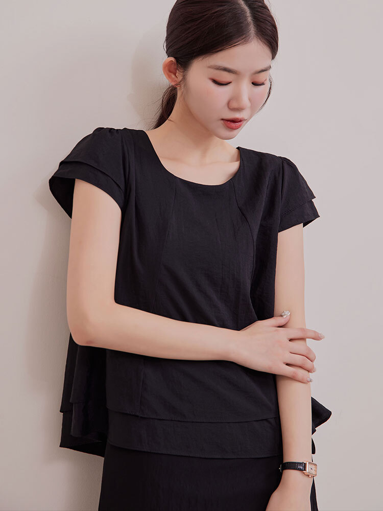 OH!HER 假兩件後耳釦飛飛袖上衣