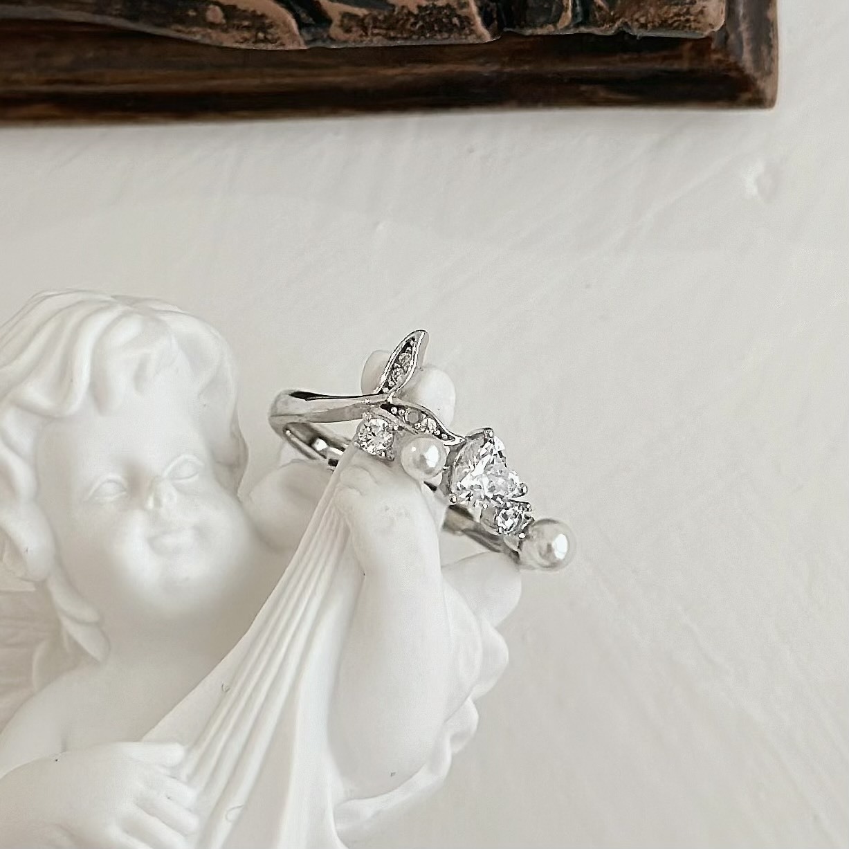 027【輕奢】排鑽魚尾珍珠愛心純銀調整戒