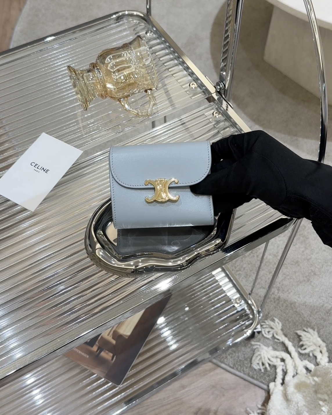 CELINE｜凱旋門三折短夾 冰藍色07IC