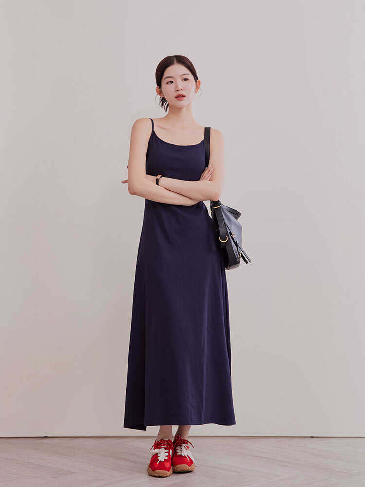 細肩帶bra棉質彈力長洋裝