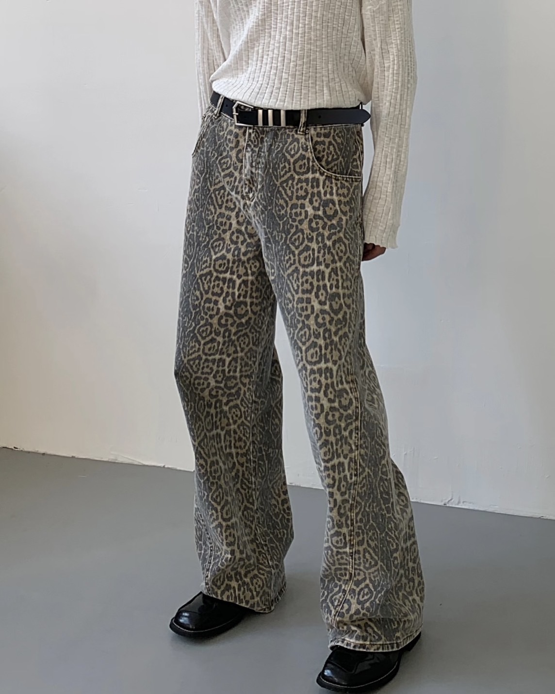 IVORY 仿舊 豹紋 寬鬆慵懶 斜紋布 直筒褲 長褲【38331】