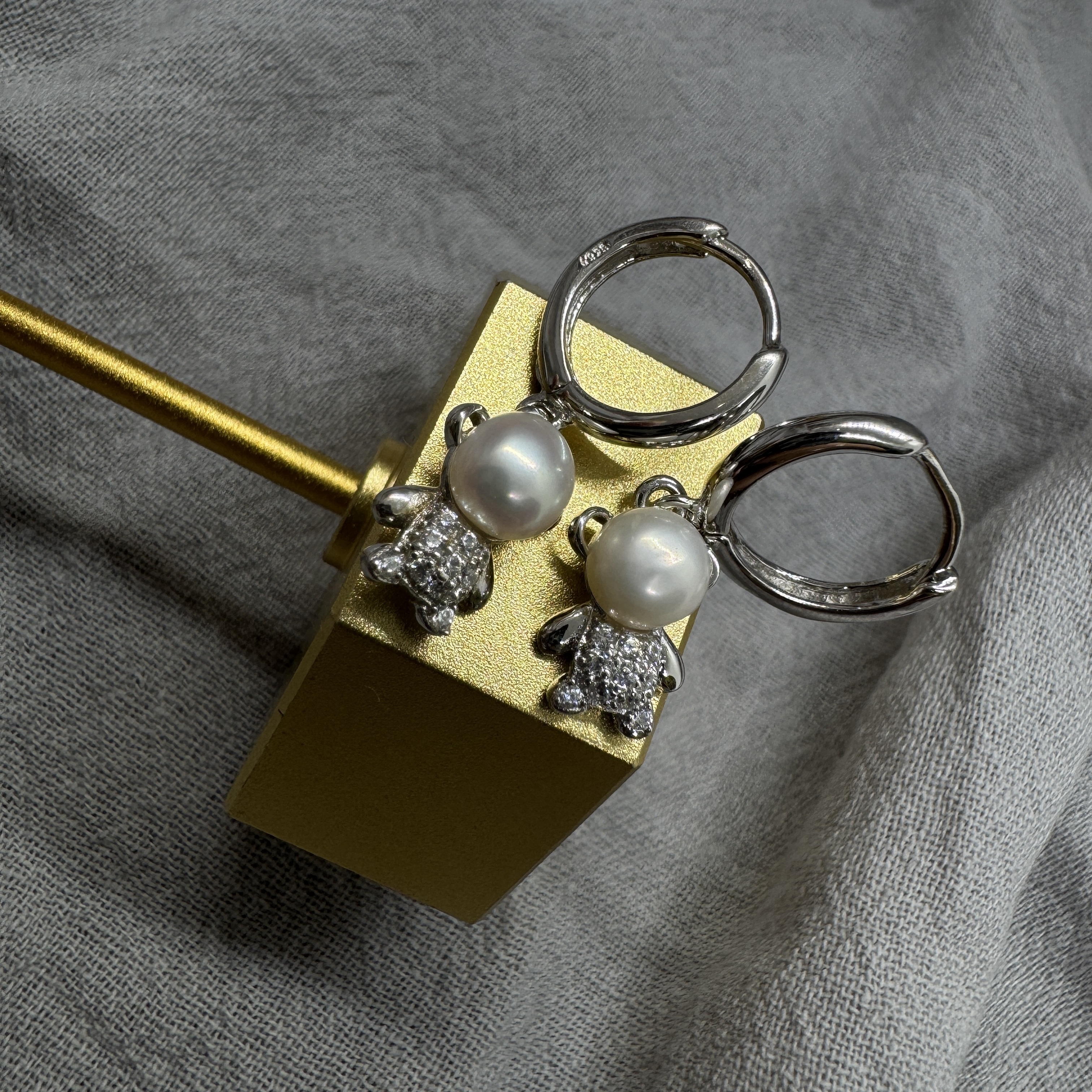 珍珠小熊 - 純銀耳環