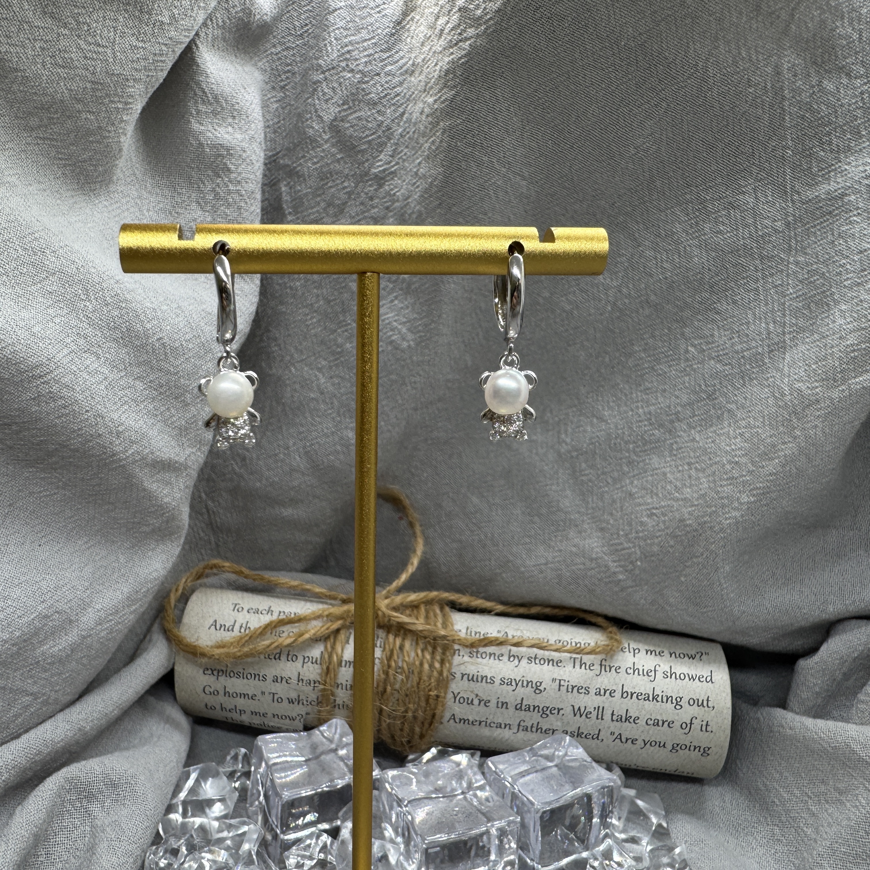 珍珠小熊 - 純銀耳環