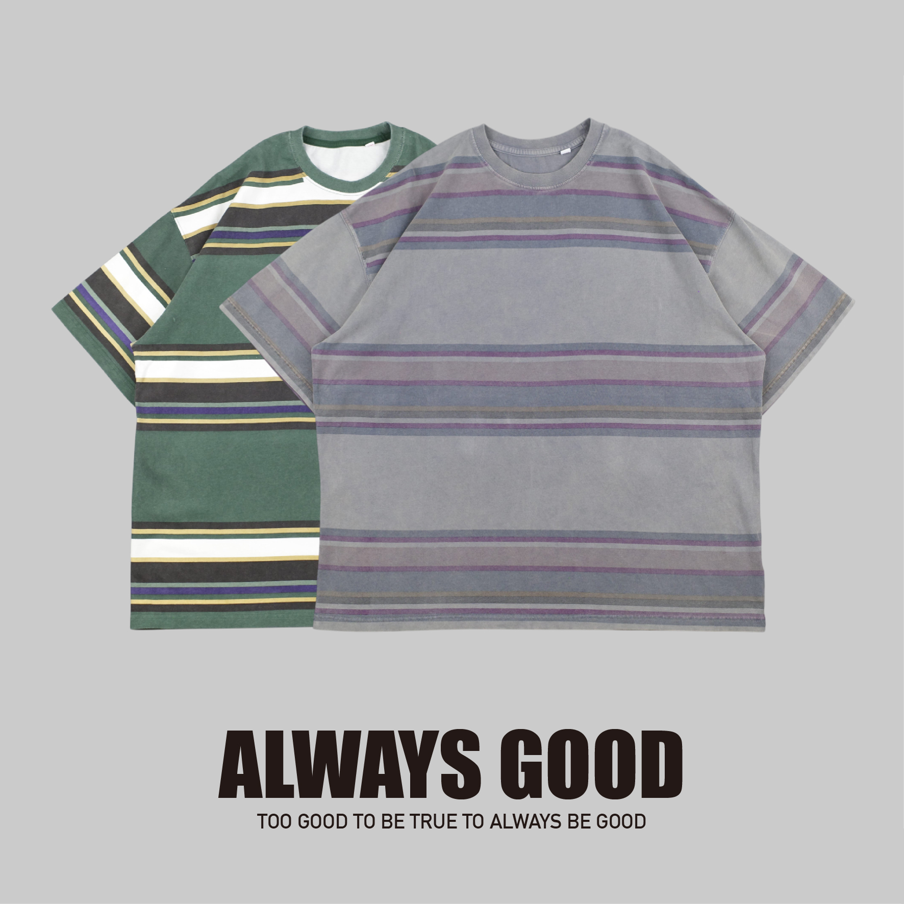 『Always_Good』水洗 撞色 粗條紋 短T
