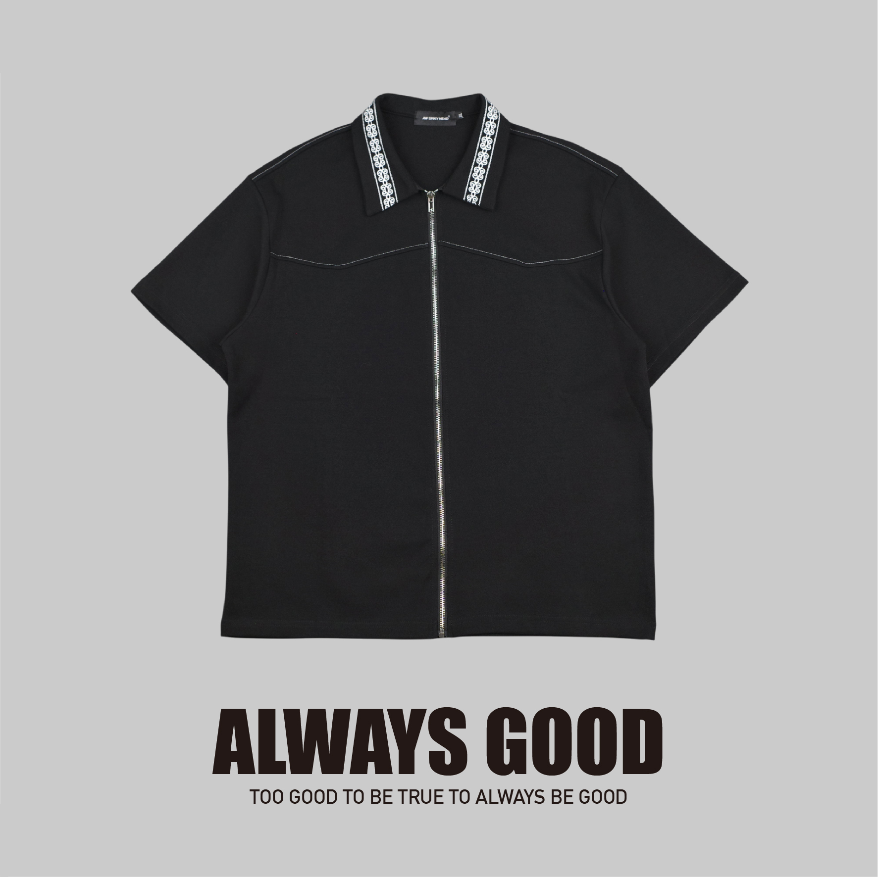 『Always_Good』刺繡 雕花領 拉鍊 短袖襯衫