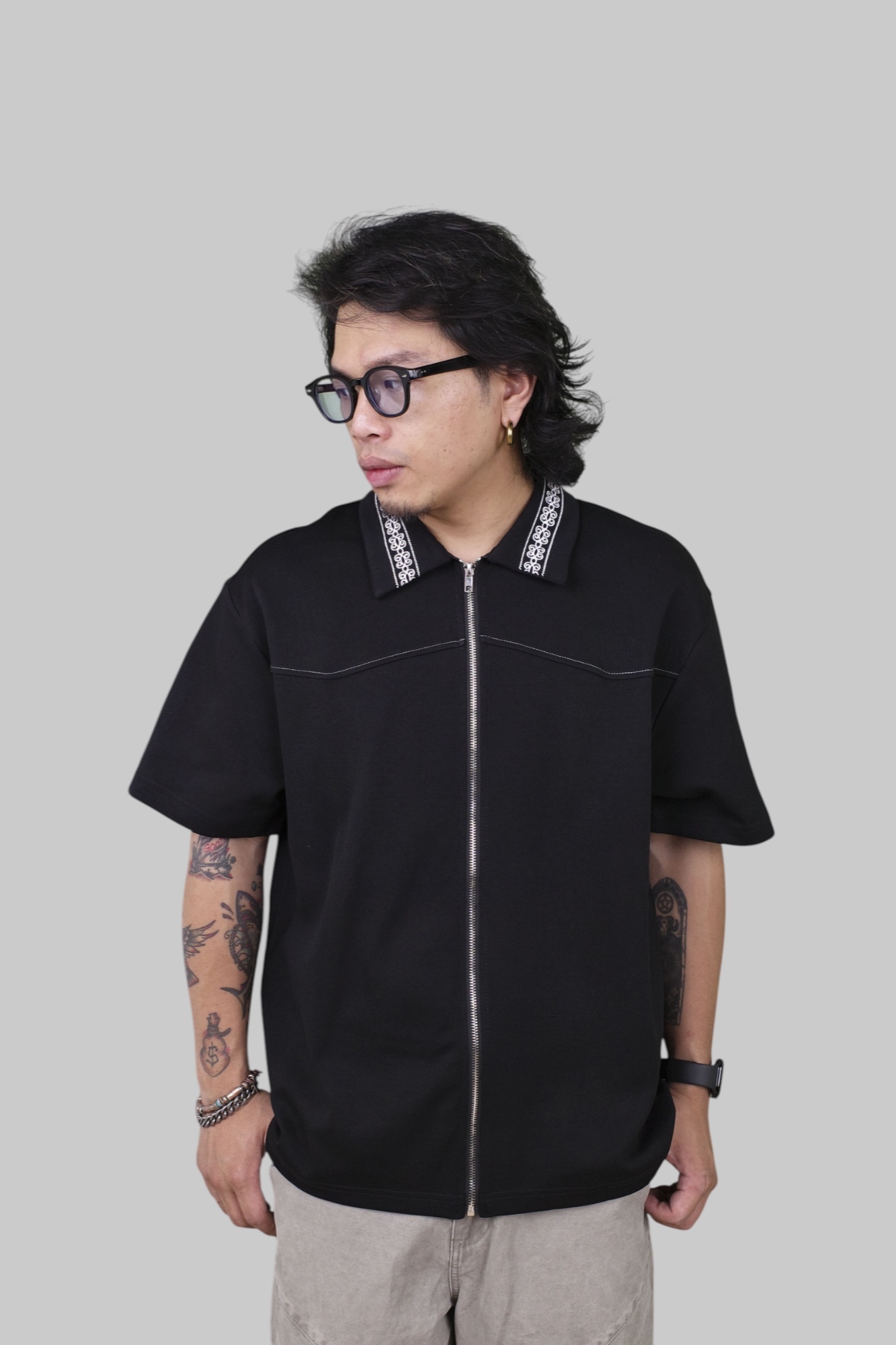 『Always_Good』刺繡 雕花領 拉鍊 短袖襯衫