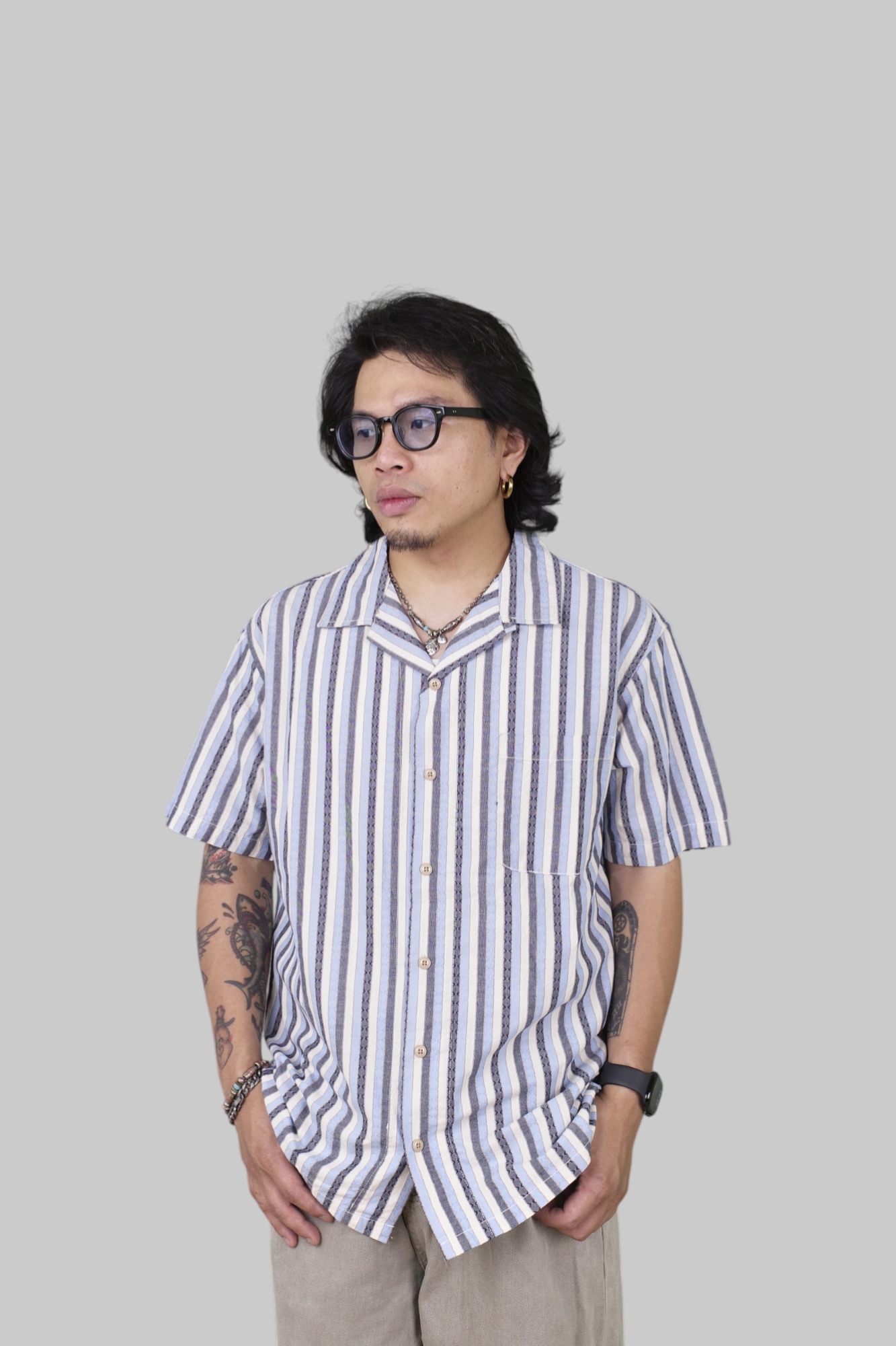 『Always_Good』復古 花紋 直條紋 古巴領 短袖襯衫