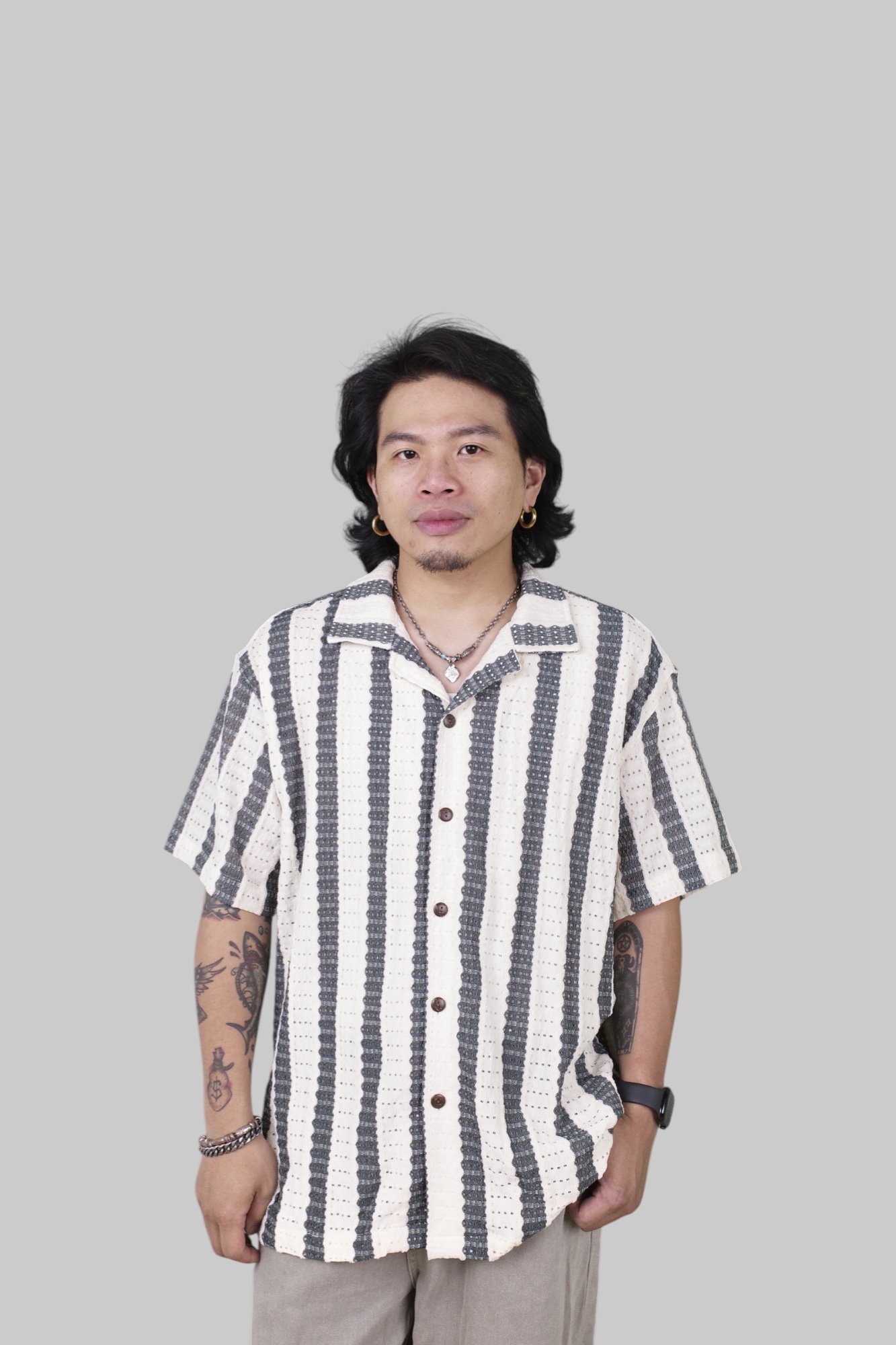 『Always_Good』日系 縷空 透氣 針織 條紋 短袖襯衫