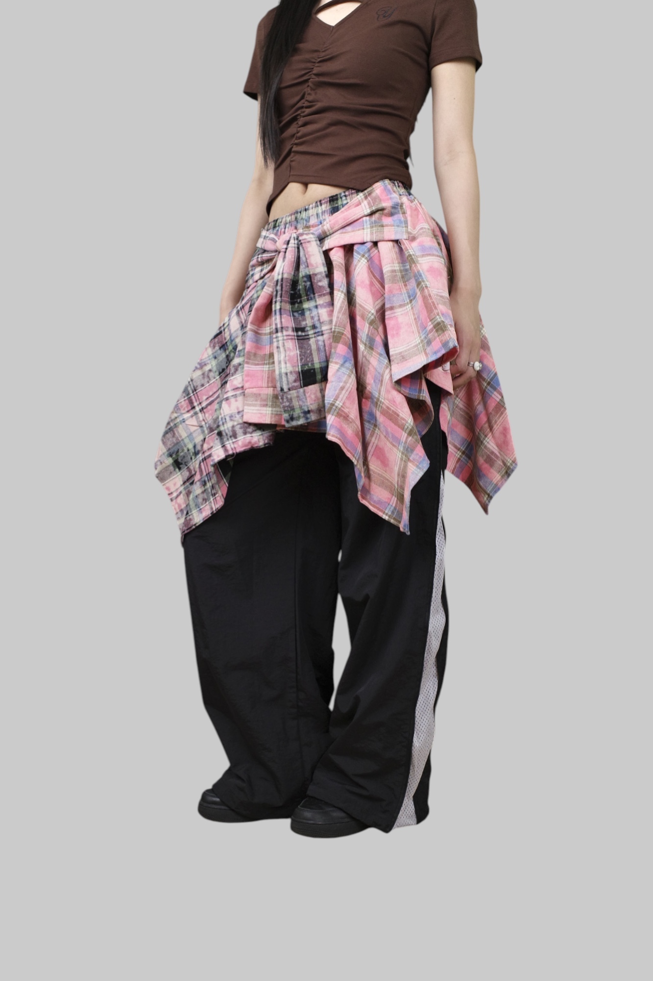 『Always_Good』不規則 綁帶 格紋 裙子