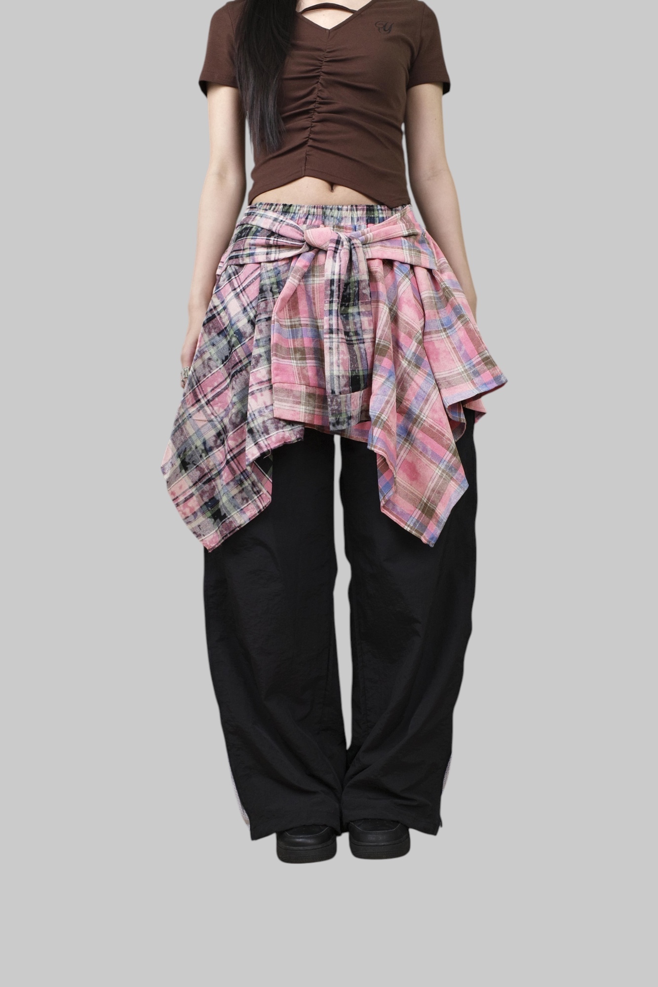 『Always_Good』不規則 綁帶 格紋 裙子