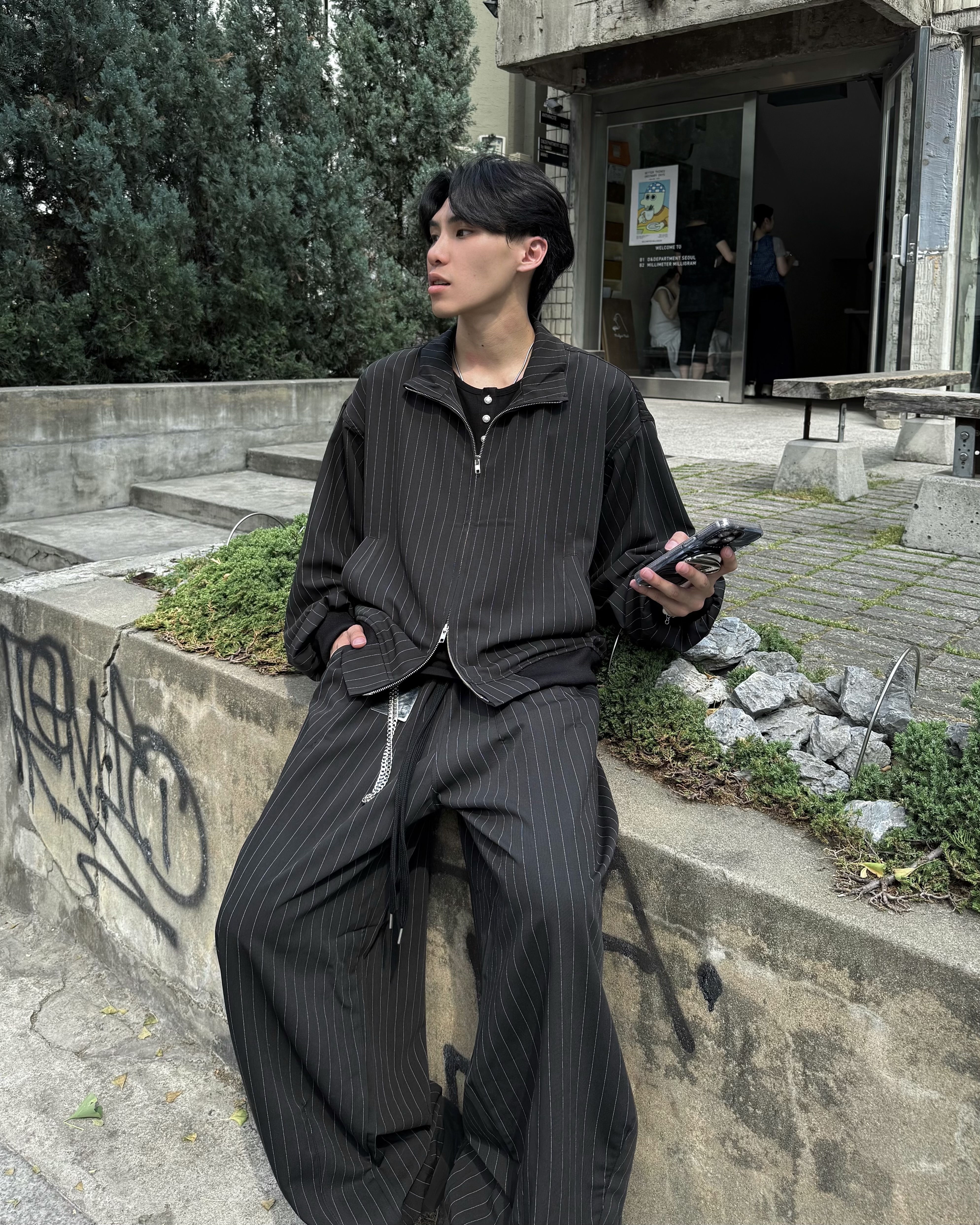 𝐇·𝐓·𝐒 韓國 文藝復興 雙拉鏈 細條紋 慵懶 低調 西裝外套 寬鬆 套裝