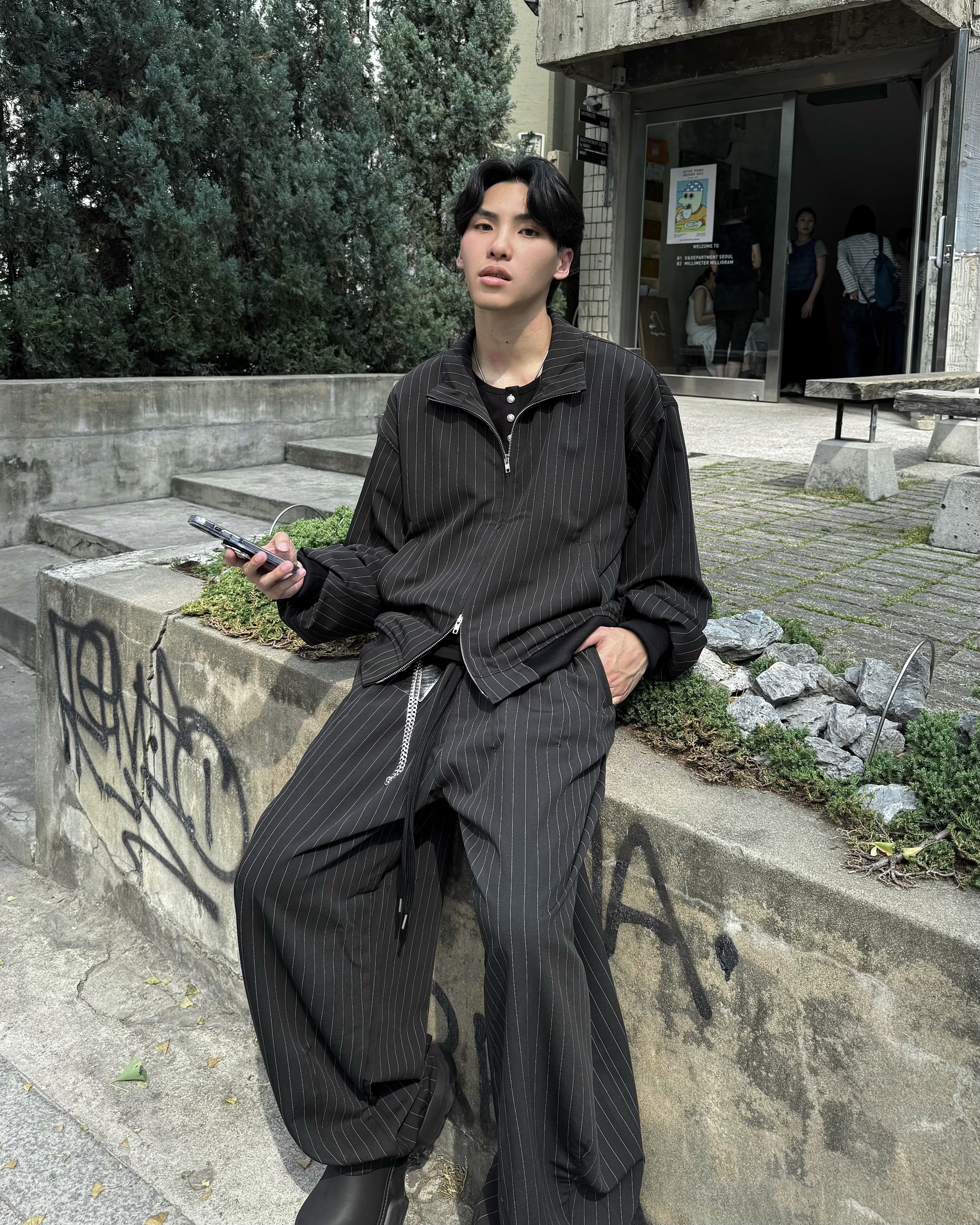 𝐇·𝐓·𝐒 韓國 文藝復興 雙拉鏈 細條紋 慵懶 低調 西裝外套 寬鬆 套裝