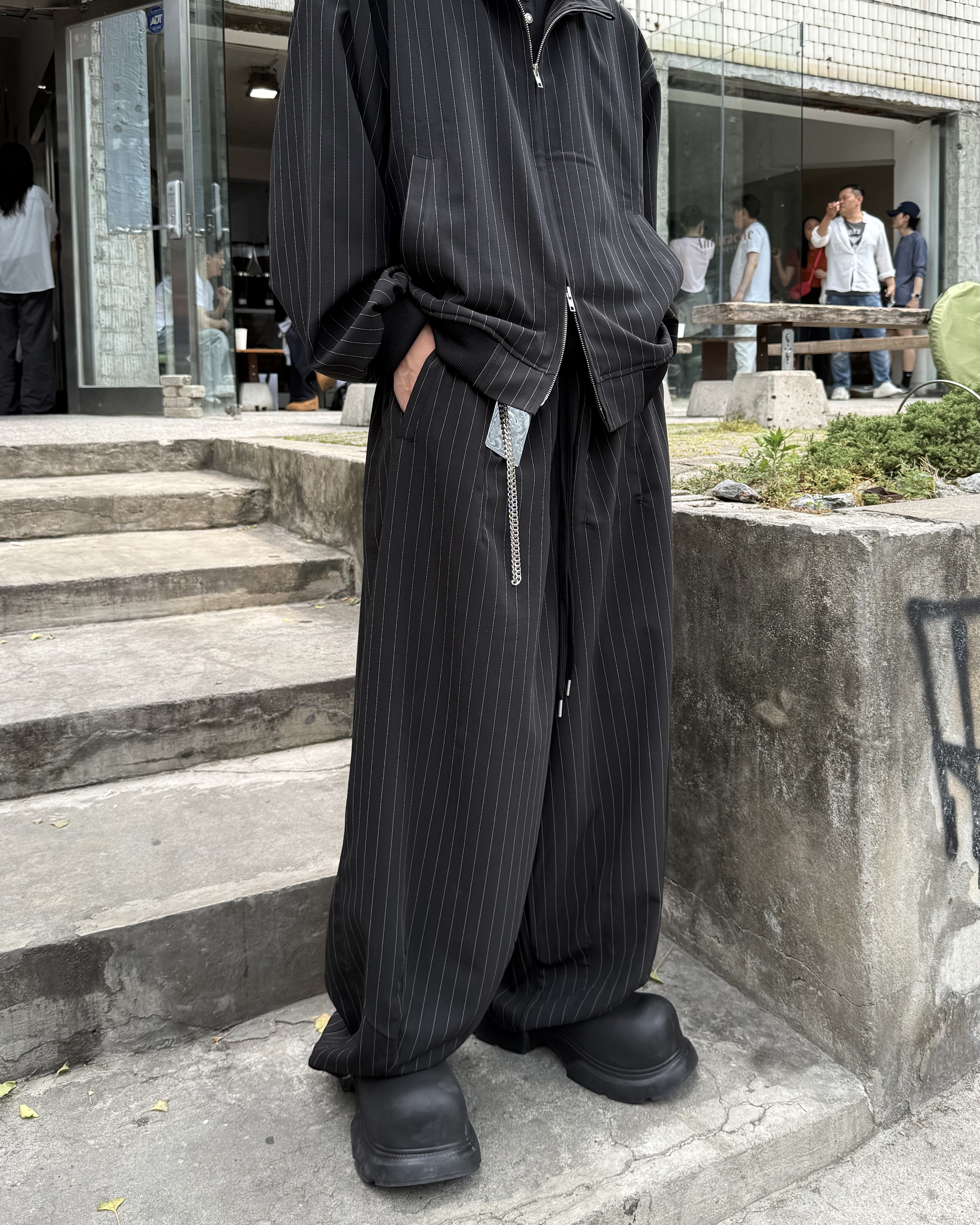 𝐇·𝐓·𝐒 韓國 文藝復興 雙拉鏈 細條紋 慵懶 低調 西裝長褲 寬鬆 套裝