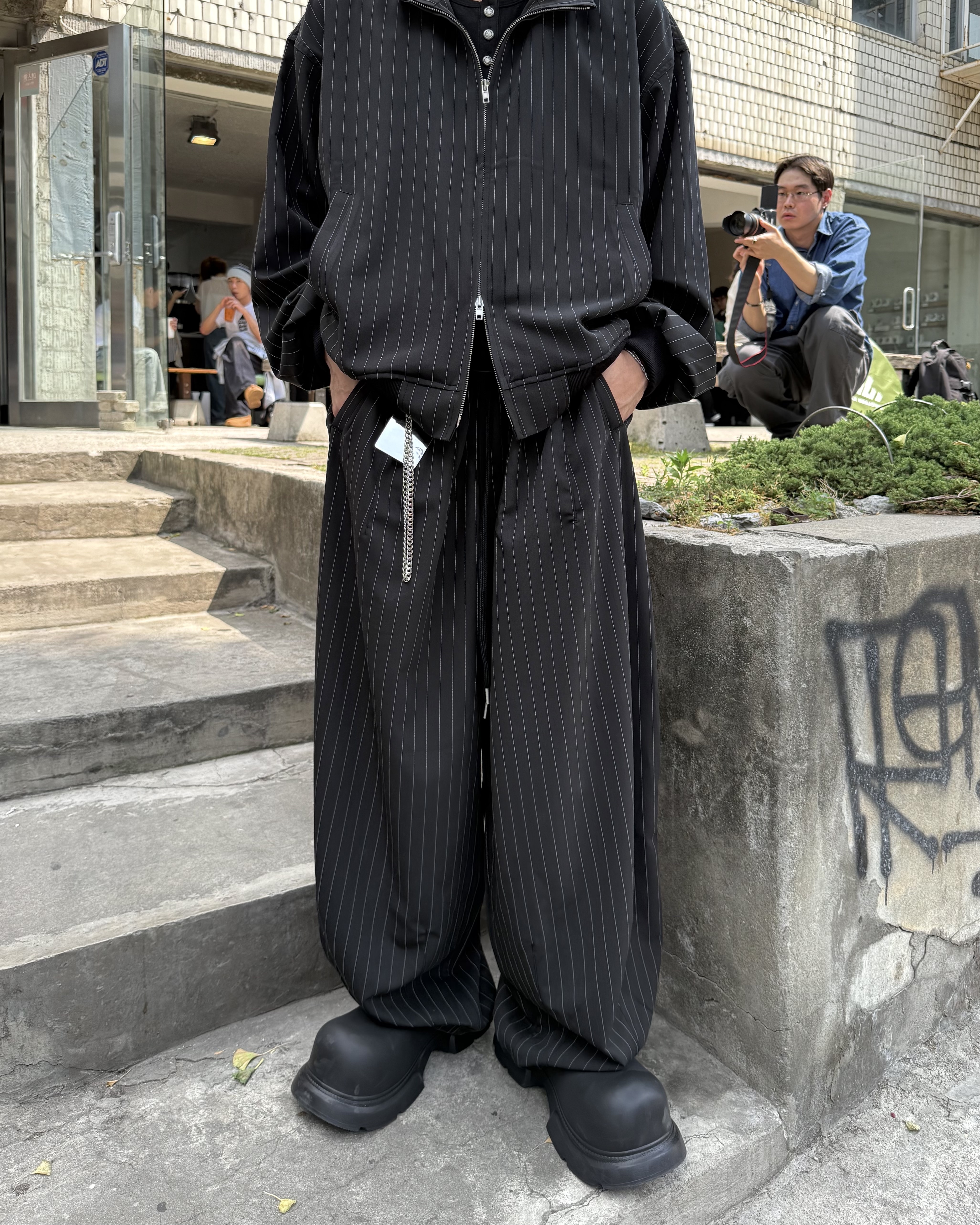 𝐇·𝐓·𝐒 韓國 文藝復興 雙拉鏈 細條紋 慵懶 低調 西裝長褲 寬鬆 套裝