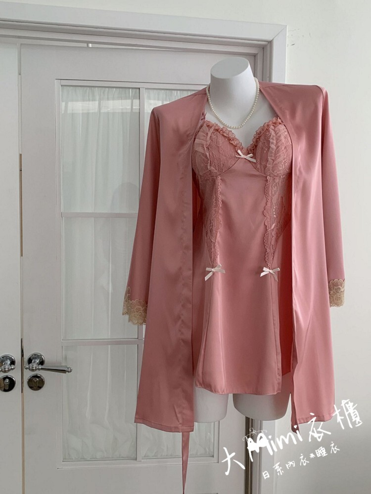 ♥夜色輕語蕾絲蝴蝶結吊帶睡衣套裝