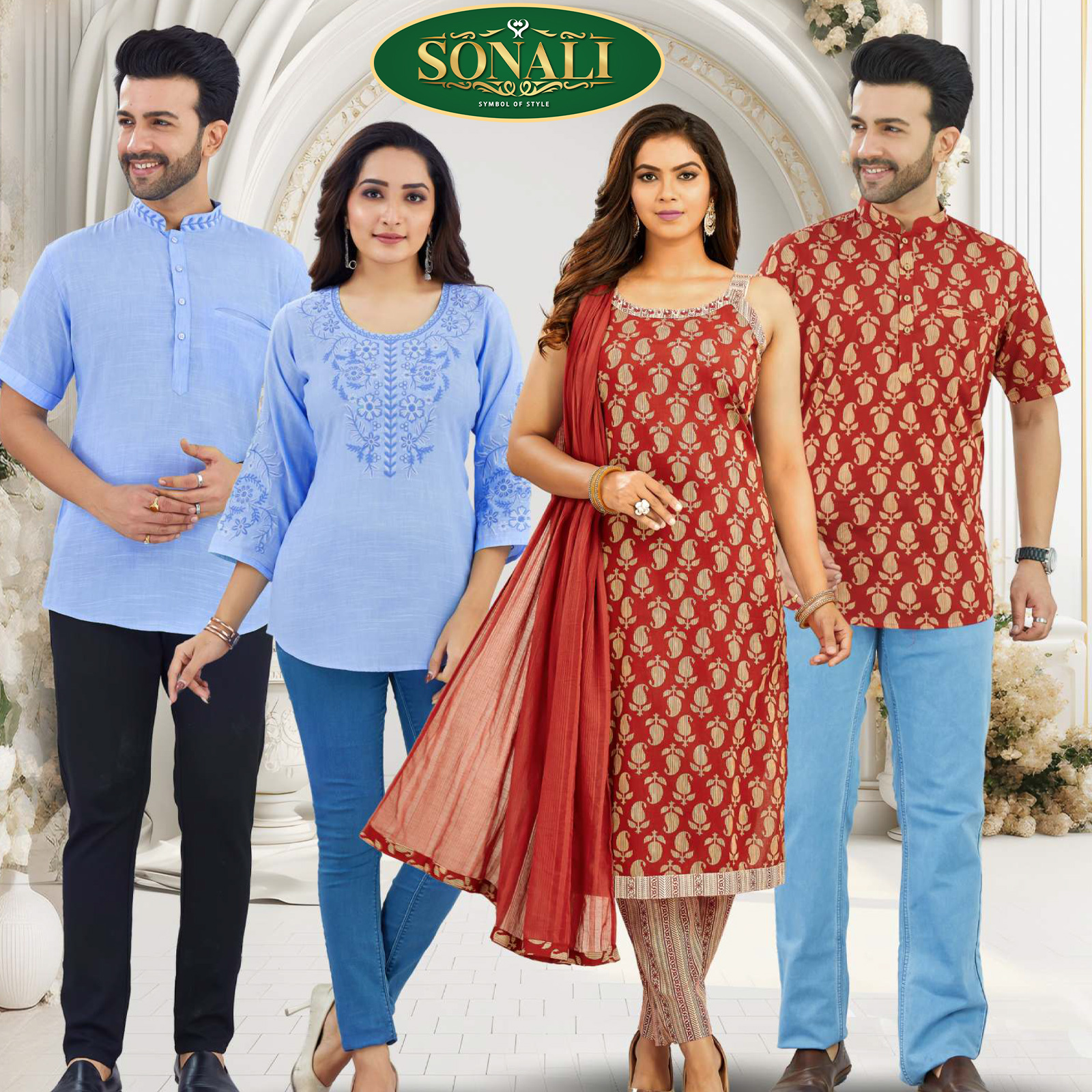Sonali Super Premier Quality Couple Collections Men Shirt Kurtis Women's Top and Set - Q1961/Q1962/Q1963/Q1964