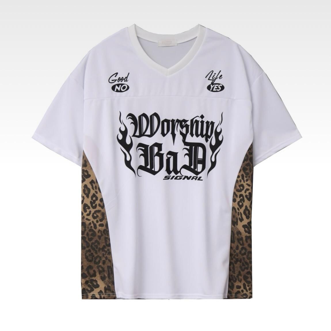 V領拼豹紋英文字短袖Tee T5754