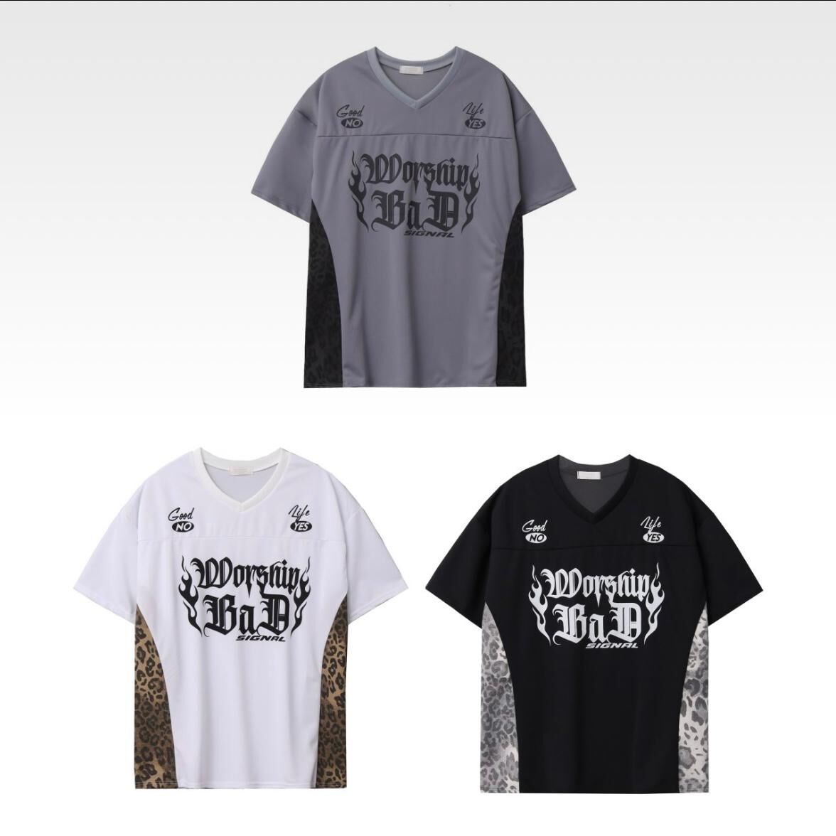 V領拼豹紋英文字短袖Tee T5754