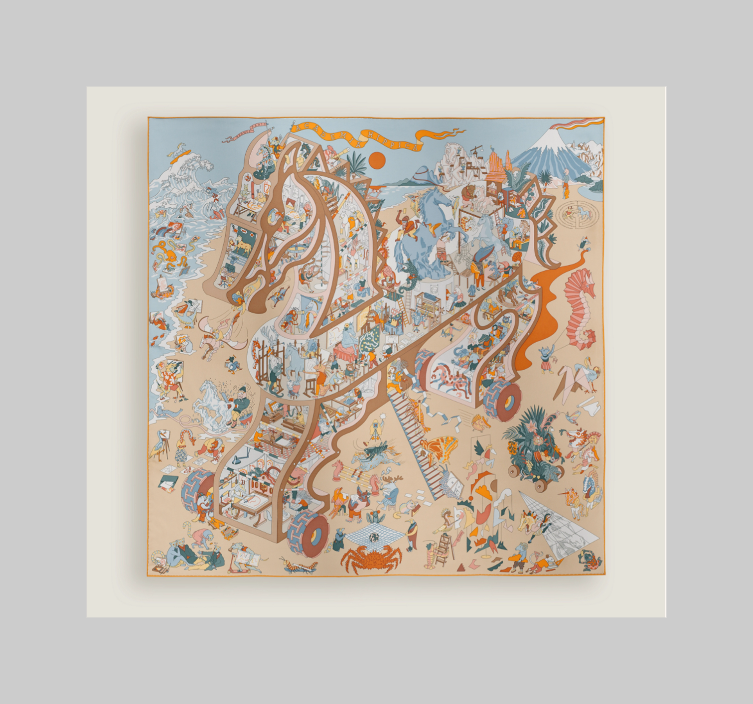 Academia Hippica scarf 90cm Bleu Glacier / Sable / Bouton D'or