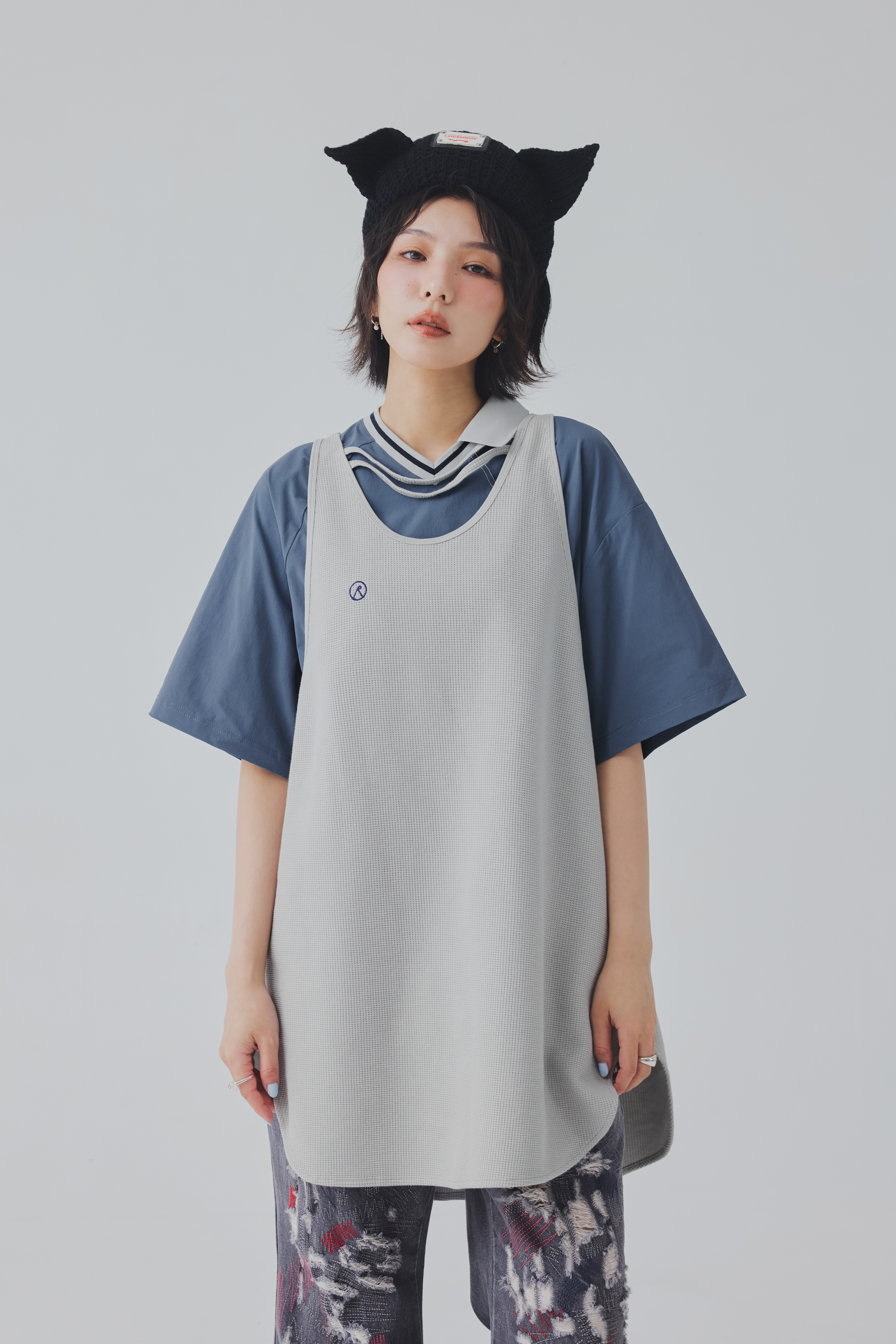 Oversized Waffle Vest｜Light Gray