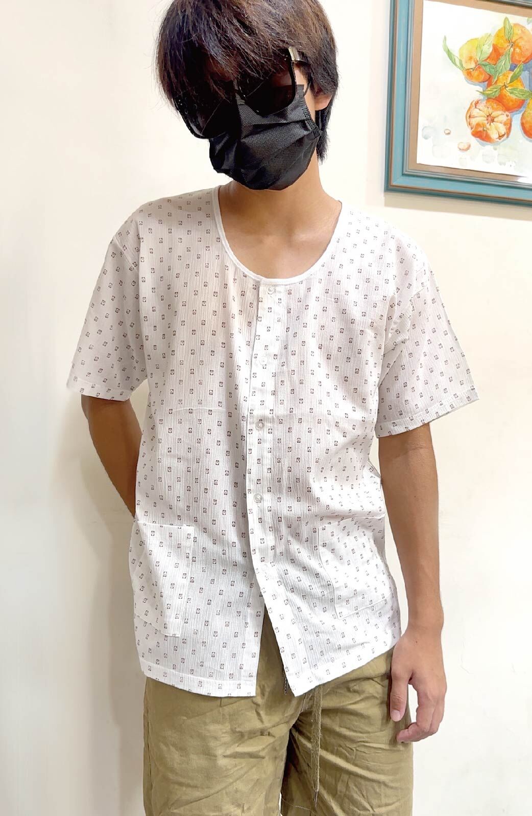 小三福 三福 100%棉竹紗男仕全開襟短袖衫 白色印花 7折