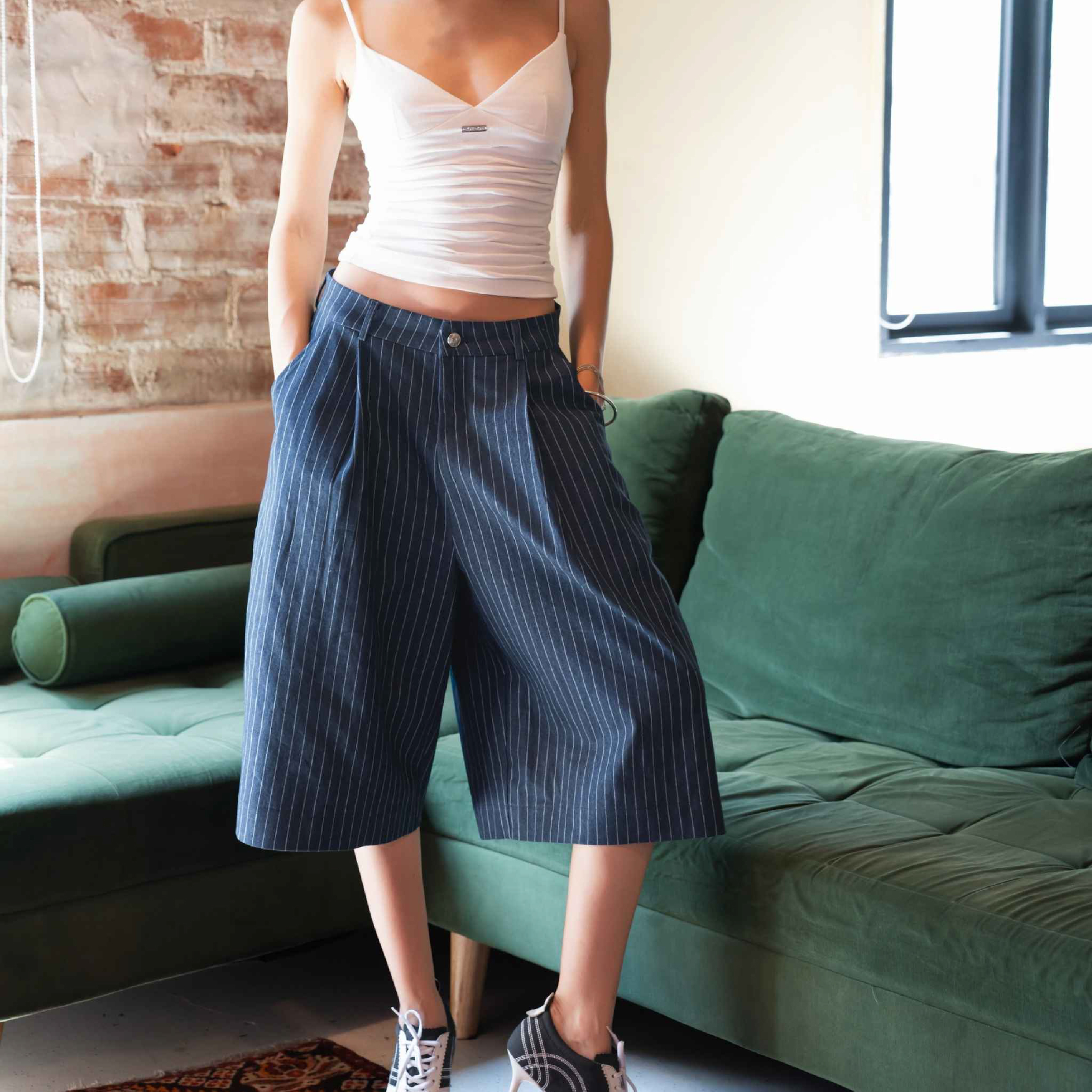 PUSH PUSH Stripes Shorts 水洗牛仔 闊腿 條紋短褲