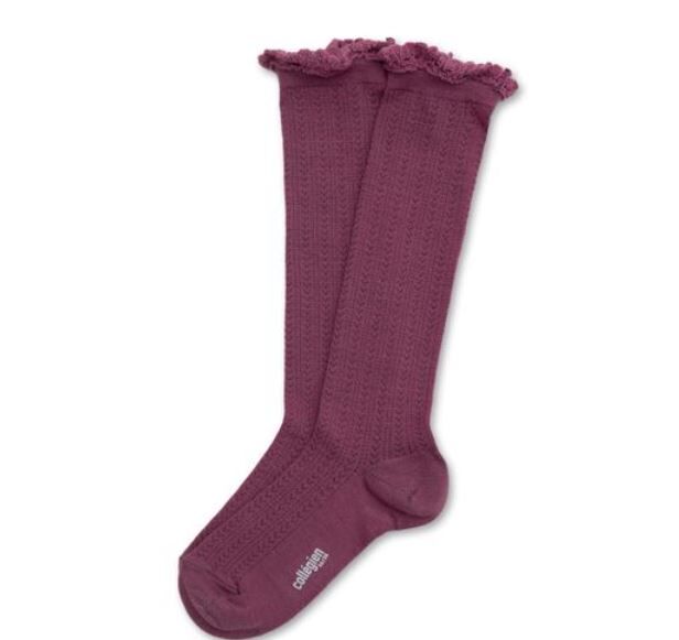 COLLEGIEN 蕾絲邊花針織高筒襪 Adeline - Raisin Rose葡萄玫瑰