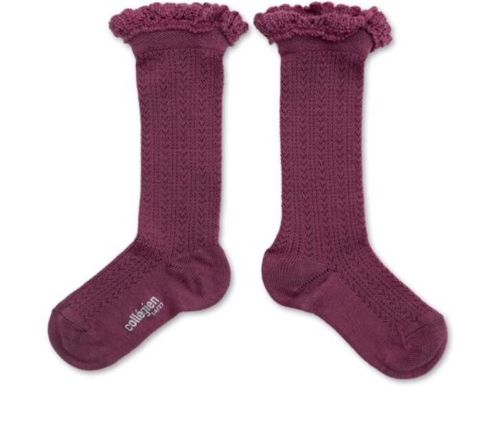 COLLEGIEN 蕾絲邊花針織高筒襪 Adeline - Raisin Rose葡萄玫瑰